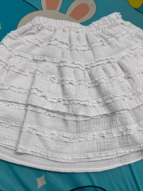 None Dresses & Skirts - White Tiered Ruffle Lace Trim Elastic Waist Skirt